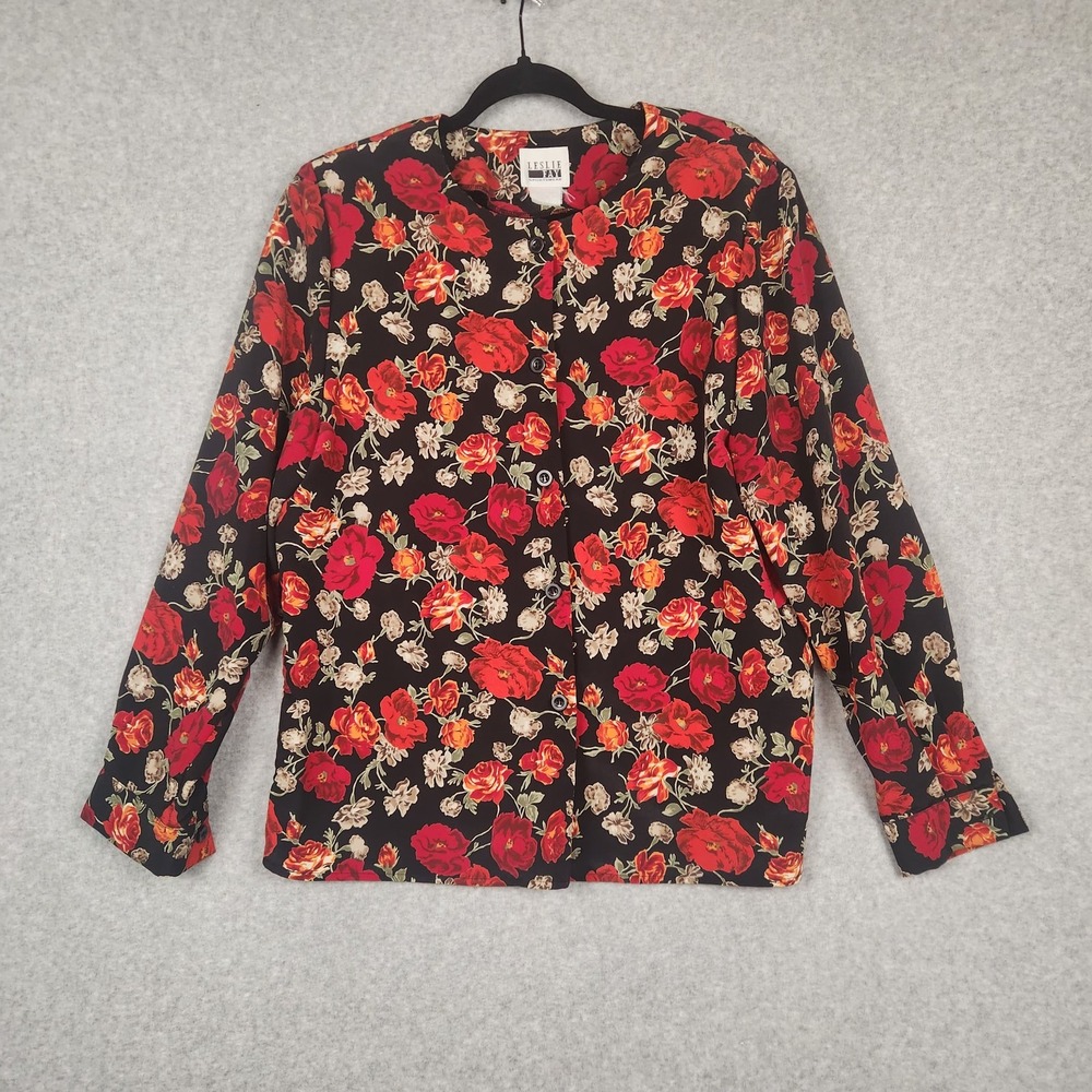 Leslie Fay Shirt Womens Large Black Red Floral Button Up Long Sleeve Vintage 90s